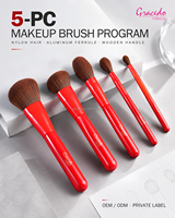 Set Kuas Makeup Profesional Merah Ramah Perjalanan untuk Kolaborasi Merek, 5 Buah Kuas Nilon Gagang Kayu untuk Wajah