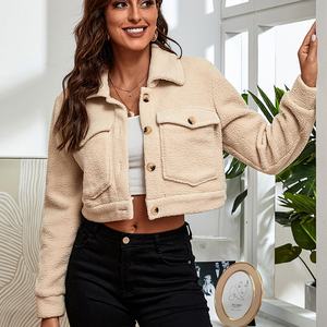 Wholesale Custom Autumn Winter Plain <b>Crop</b> Top Flannel Shirts Long Sleeve <b>Jacket</b> Coat With Pockets Women - Product Image 5