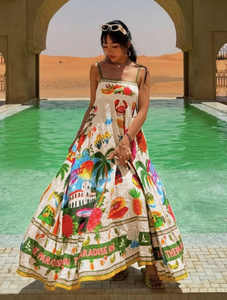 Abito lungo da donna con stampa Tropical Paradise, spalline sottili, linea ad A, per vacanze - Product Image 3