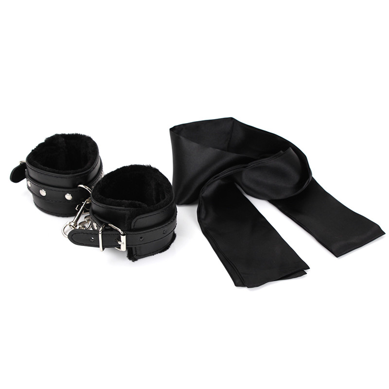 Sm Bondage Restraints Fetish Sexy Verstelbare Lederen Pluche Handboeien Met Satijnen Blinddoek Masker