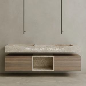 <span class=keywords><strong>Mobile</strong></span> <span class=keywords><strong>Bagno</strong></span> Sospeso Oversize in Travertino Romano <span class=keywords><strong>con</strong></span> Doppio Lavabo e Cassetti in Legno - Product Image 2