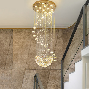 Lustre en cristal doré, luminaire suspendu LED cylindrique rond, grande taille pour villa, escalier, montage au plafond, 2700K blanc chaud - Product Image 3