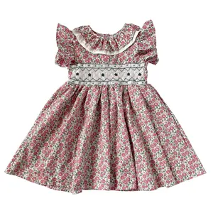 Vintage summer boutique girls cotton floral smocked embroidered bishop frocks ruffle birthday dresses