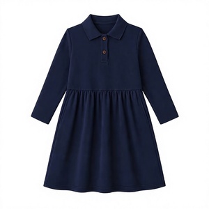 Low MOQ Children's Girls <b>Navy</b> Blue Cotton Long Sleeve School Uniform Dress with Collar Buttons for Primary Students - Product Image 2