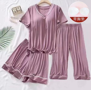 Women's Summer Thin Simple V-Neck <strong>Cropped</strong> Shorts <strong>Pyjamas</strong> with Breast Pad Three-Piece Home Wear for Spring Knitted Fabric - Product Image 4