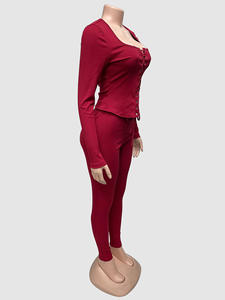 GX00391 ファッションブティック 秋 レディース服 ストリートウェア 長袖 レースアップ スクエアネックトップ＆ジョガーパンツ 2ピースセット - Product Image 3