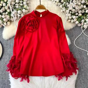 Camicia di alta qualità in raso per le donne stile francese luce di lusso elegante lanterna a fiori maniche larghe e sottili <span class=keywords><strong>top</strong></span> con <span class=keywords><strong>piume</strong></span> - Product Image 4