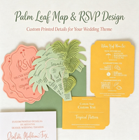 Suite d'invitations de mariage de luxe en papier texturé rose, jaune et vert, impression numérique, motif tropical, découpe feuille de palmier, impression de carte