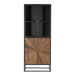 Vitrine de présentation moderne en bois avec structure en acier doux, finition bois naturel, revêtement métallique noir, pour hôtel et maison - Product Image 2