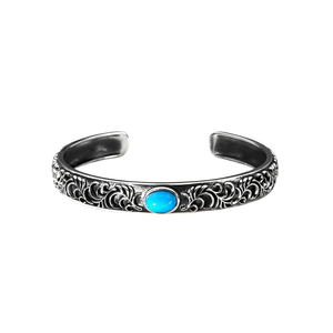 Tide Brand Retro Simple Old Pattern Pulsera Azul Turquesa Brazalete abierto para hombres Mujeres Parejas Moda Thai Silver Tang Grass - Product Image 4