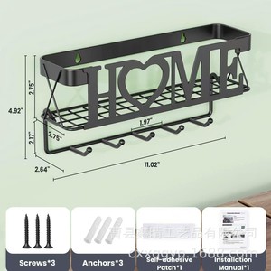 Home Wall Mounted Mail Key Organizer <b>Black</b> Metal Rack With <b>Hooks</b> For Entryway Storage 28cm Rectangle Shape - Product Image 4