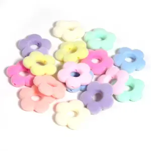 16 mm Makaron Color Plush Beads Flowers Shape Flocked Acrylic Beads for Kids Hair Rope