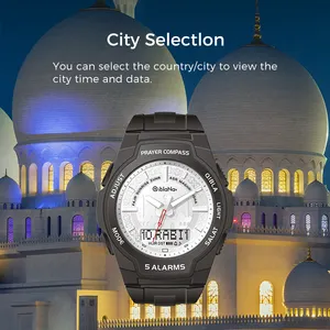 Nieuwe Release Mode Luxe Mannen Quartz Digitale Horloges Goud Roestvrij Staal Moslim Gebed Azan Arabische Polshorloges