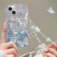 Coque de Téléphone avec Chaîne et Pendentif Papillon, Housse de Téléphone Mignonne Papillon pour iPhone 16 15 14 Pro Max