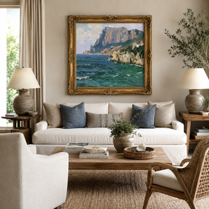 Dipinto a Olio di Scena Costiera con <span class=keywords><strong>Scogliera</strong></span>, Cornice Dorata Vintage, Paesaggio Mediterraneo su Tela, Dipinto a Mano, Dimensioni Personalizzabili per <span class=keywords><strong>Hotel</strong></span> - Product Image 5