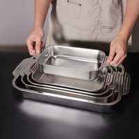 Set Loyang Panggang Stainless Steel Persegi Panjang 5 Ukuran, Loyang Panggang Gagang Ganda 0.6mm, Baki Oven, Tahan Lama untuk Gas, Induksi, Microwave