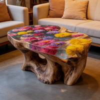 Table basse en bois naturel à bord vif, faite à la main, de luxe, avec résine époxy, fleurs séchées, art moderne, meuble de salon