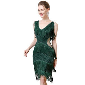 Robe de cocktail vintage élégante pour femme, style Charleston des années 20, fourreau, longueur genou, col en V profond, sans manches, à sequins et pompons, écologique - Product Image 1