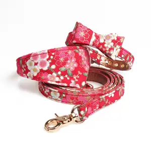 New Flower Red Dog Collar and Leash Set Luxury Japanese Style Pet Collar PU Leather Dog Collar Leash Dog Bandanna Metal Buckle