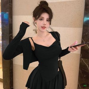 Women's Three Piece Set Beige Solid Color Chiffon Pleated Skirt Casual Suit Full Sleeve Top Outer Camisole Sun Protection - Product Image 3