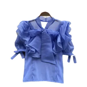 Fashion Chiffon Yarn Top 2023 Summer Micro Transparent Puff Sleeve Ruffle Blouses All Match Foreign Style Ladies Bow Shirt