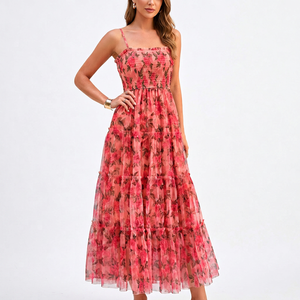 Elegante Vestido Maxi de Gasa con Estampado Floral y Mariposas para Verano, Cuello Cuadrado, Silueta en A, Transpirable, con Busto Fruncido para Mujer - Product Image 1