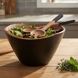 Modern Black Wooden Salad Bowl with Acacia Wood Salad Server Set Handmade Large Serving Bowl for Kitchen Dining Table - Product Image 5