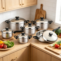 Ensemble de 12 ustensiles de cuisine en acier inoxydable avec revêtement antiadhésif, compatible induction et gaz, comprenant une poêle, des casseroles et des marmites à soupe