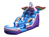 Toboggan aquatique gonflable commercial sur le thème de la licorne avec piscine à jets d'eau pour enfants, équipement de jeu aquatique pour fêtes en plein air dans la cour