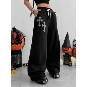 กางเกงขายาวทรงหลวมเอวสูงสำหรับผู้หญิง แต่งเชือกผูก แต่งคริสตัลสไตล์โกธิค ผ้าเทอร์รี่ ระบายอากาศได้ดี - Product Image 2