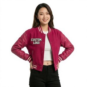 Custom <b>Women</b> PU Leather Varsity <b>Jacket</b> Cropped Letterman Baseball <b>Bomber</b> Coat Vintage Embroidered Logo American College - Product Image 2