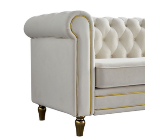 Modern 3-Seater Beige Velvet <b>Sofa</b> Comfortable Button Tufted Rolled Arms Square Shape Wooden <b>Legs</b> for Living Room Hotels Villas - Product Image 5