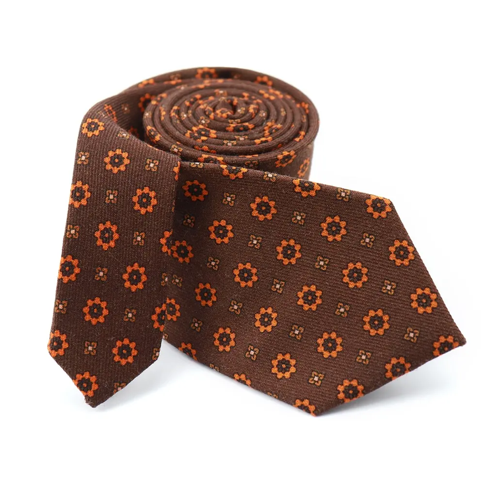 100% Handmade Small Flowers Printed Ties Unique Leather Brown Wool Neck Tie Floral Customized Label Neckties for Men