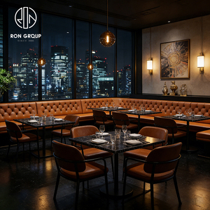 Muebles Modernos para Restaurantes de Hotel, Mesa de Mármol Negro con Silla de Madera, Asientos de Banqueta Tapizados en Cuero Naranja para Cafetería - Product Image 4