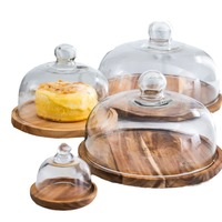 Nouveau Produck gâteau support cloche pot couverture affichage dôme avec Base en bois assiette à gâteau et fromage Cloche dôme bois bambou plateau de service
