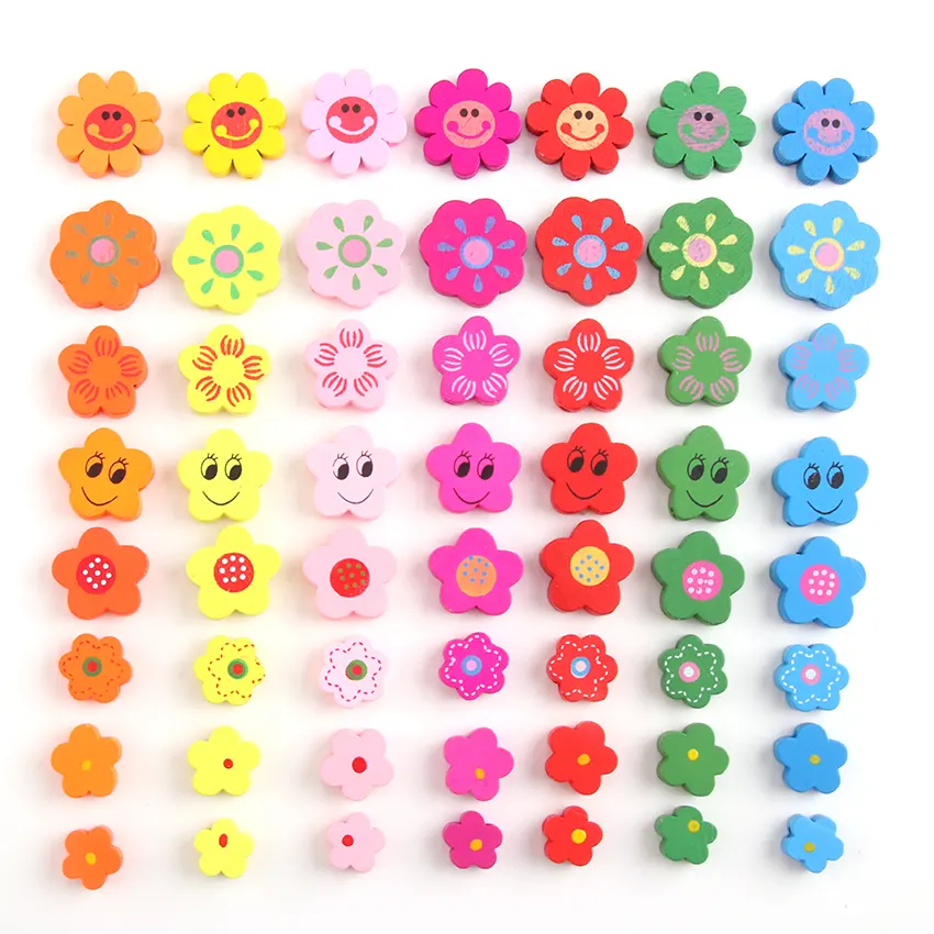 Bonito Dos Desenhos Animados Flor De Madeira Beads 22mm Sorriso feliz rosto Flor contas tingidas impressão cores misturadas para Crianças DIY Fazer Jóias