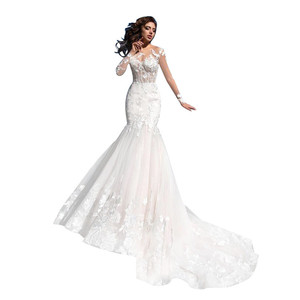 Vestido de novia nigeriano blanco elegante de manga larga con flores de encaje de lujo chino para mujer, capilla bordada de pescado adelgazante - Product Image 4