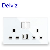 Delviz İngiliz standart elektrik fişleri çift çıkışlı, 18W tip-c portları hızlı şarj, kristal cam İngiltere 13A duvar güç USB soket