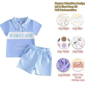 Conjunto de Ropa para Bebé Niño, Verano, Marca MAMAS BOY, Personalizable con Bajo MOQ, Camiseta y Pantalones Cortos a Cuadros - Product Image 1