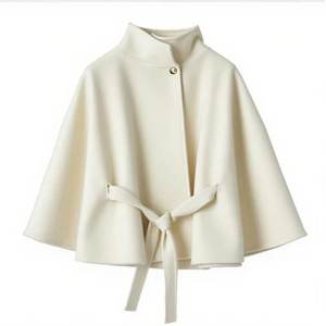 Abrigo de lana tipo poncho elegante para mujer con cuello alto y cinturón, mangas murciélago, estilo minimalista, ropa de abrigo de invierno, personalizado OEM. - Product Image 2