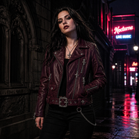 Jaket Kulit Motor Wanita Gaya Gothic Mewah Gelap Tebal dengan Ritsleting Diagonal, Distressed Vintage, Tahan Air, Katun Nilon ODM