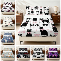 Juego de Ropa de Cama con Cierre y Estampado de Gato Negro y Lazo Rosa, Edredón Acolchado con Sábana Ajustable para Decoración de Dormitorio de Adolescentes