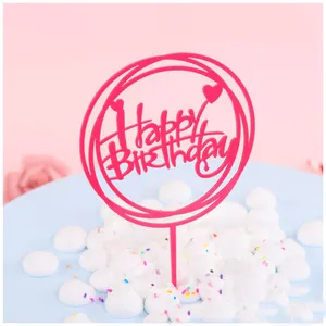 2023 new factory bake supplies cute happy birthday font round with small heart acrylic material cheap cake topper