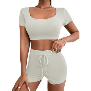 OEM Women Two Piece <b>Set</b> <b>Square</b> Neck Drawstring Cropped Slim Fit Summer Casual Streetwear Outfit Screen Printing Logo - Product Image 3