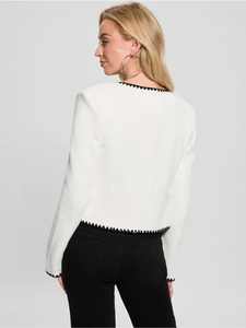 Custom Women <strong>White</strong> <strong>Boucle</strong> Cropped <strong>Jacket</strong> Contrast Black Trim Button Front Elegant Fashion Wholesale - Product Image 4