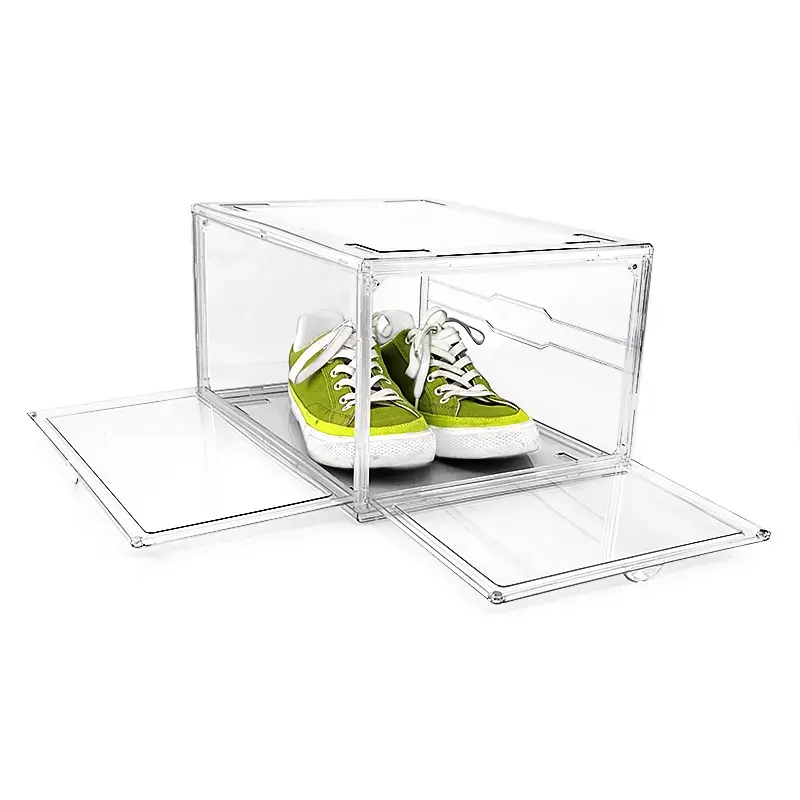 Transparente doble frontal/lateral puertas plegables magnético apilable zapato caja de cosméticos y caja de almacenamiento organizador de zapatillas PET transparente