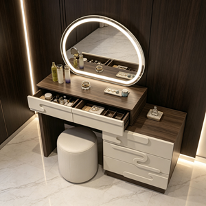 Coiffeuse moderne avec miroir éclairé et tabouret pour chambre à coucher - Product Image 6