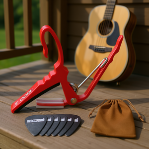 Capo para guitarra de 5 cuerdas, de aluminio, color rojo, con 6 púas y bolsa de transporte para guitarra acústica, eléctrica, banjo, mandolina, ukelele - Product Image 2