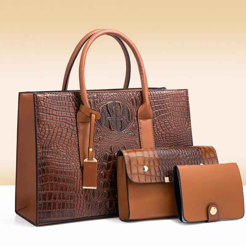 Luxury Vintage Ladies Crocodile Pattern PU Leather Tote 3PCs in One Women's Purses and Handbags Set