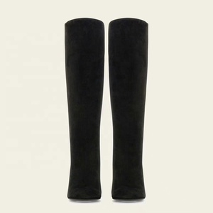 Women's Suede <b>Long</b> Boots High Chunky Cut Out Heels Square Toe Knee High Booties Straight Gold Heeled Shoes - Product Image 2
